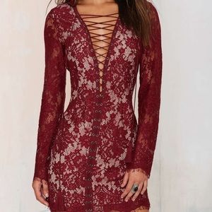 Burgundy Lace Up Lace Dress